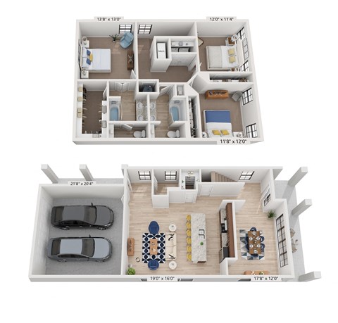 a stylized image of a 3d floor plan and a 2100 sq ft house